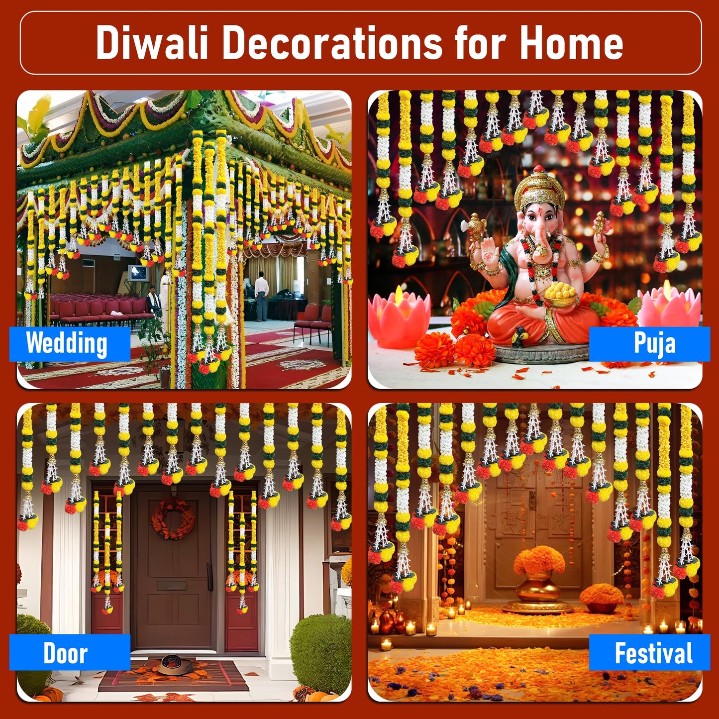 DIYANA IMPEX 4 Pc Artificial Marigold Garland with Bells, 5 Ft Long Hanging Flower Strings for Diwali Decorations, Indian Wedding, Party, Home Decor, Ganpati Hanging Decor & Mantle Decor (Yellow)