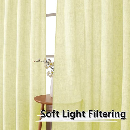 Tollpiz Linen Curtain Living Room Rod Pocket Semi Sheer Curtains Burlap Light Filtering Thick Linen Drape for Bedroom, 54 x 72 inches Long, Cream Yellow, Set of 2 Panels