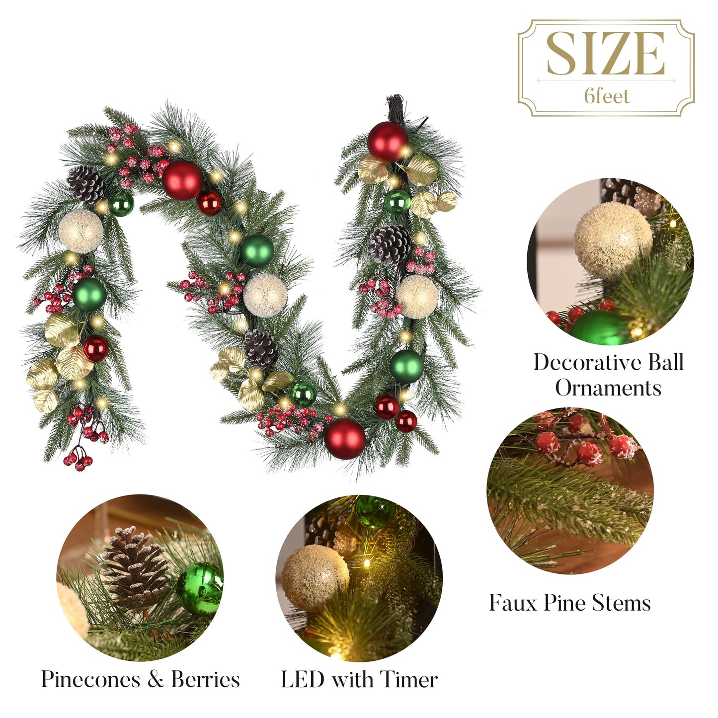 Valery Madelyn 6 Ft Pre-Lit Christmas Garland with Light for Mantle, Lighted Outdoor Xmas Garland with Red Green Gold Ball Norfolk Pine for Home Stairs Fireplace Table Centerpiece Indoor Holiday Decor