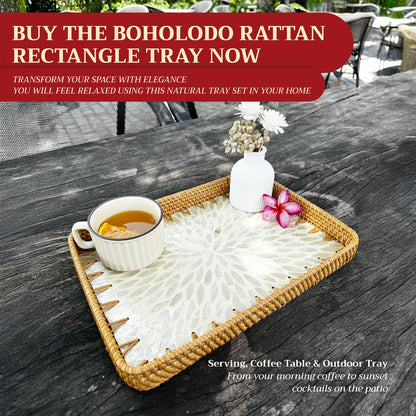 Rattan Tray Rectangle with Mother of Pearl – Unique Decorative Rattan Serving Tray for Food, Bread, Fruits, Snacks & Organizing Bathroom, Coffee Table – Christmas & Housewarming Gift (White 13.3"x9.4)