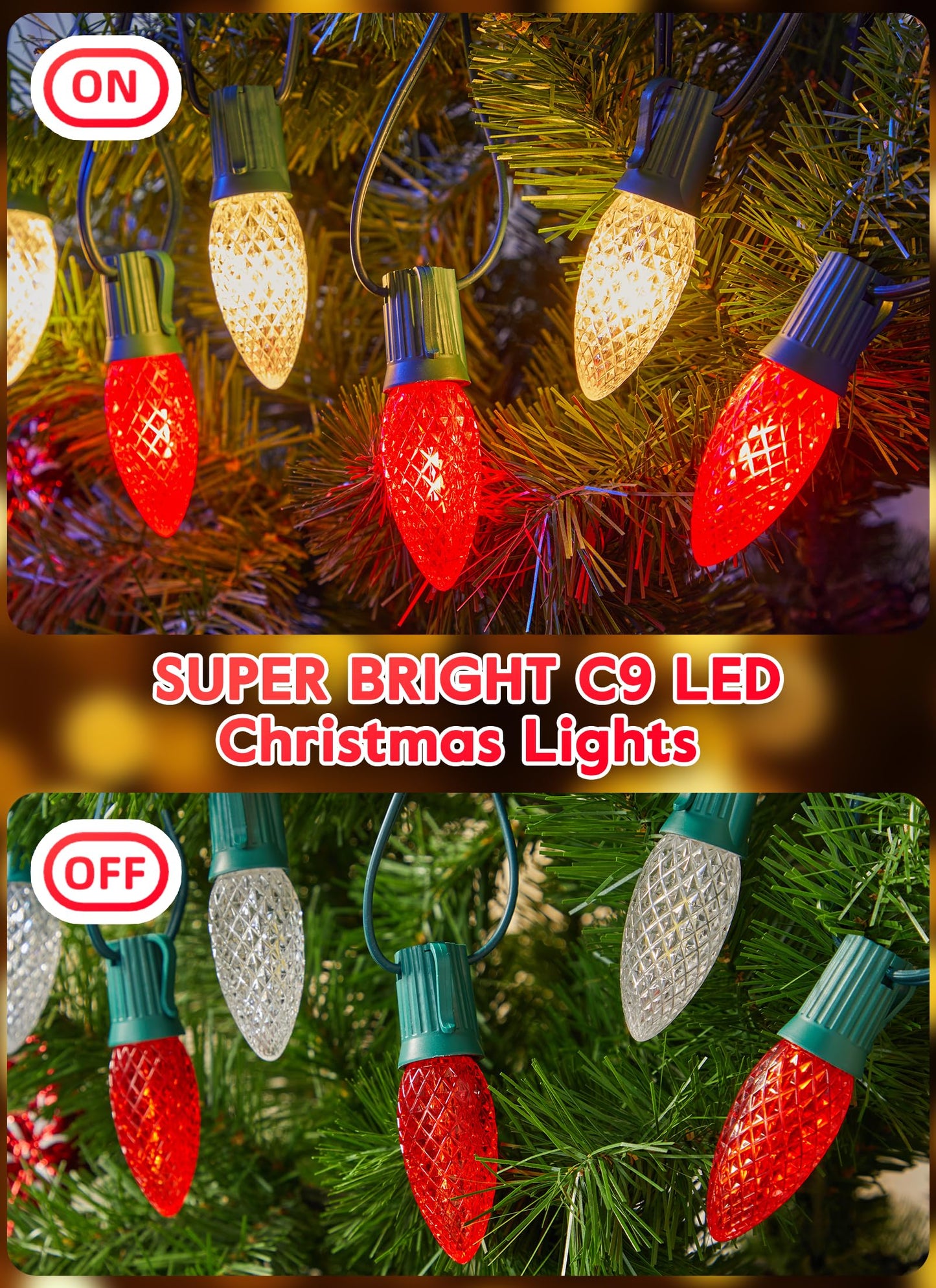 100 Feet Led Christmas Lights, Red and Warm White C9 Christmas String Lights Outdoor, 100 Strawberry Bulbs Connectable UL Certified for Indoor Outdoor Roofline Patio Holiday Party Backyard Decor