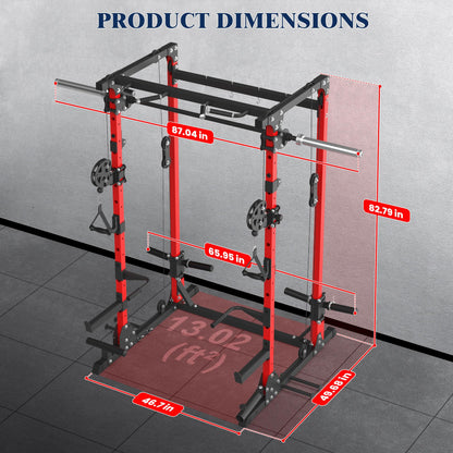 Smith Machine, 5 in 1 Heavy-Duty Squat Rack with Cable Crossover, All-in-One Home Gym Power Rack for Full-Body, Dual 1:1 Pulley System