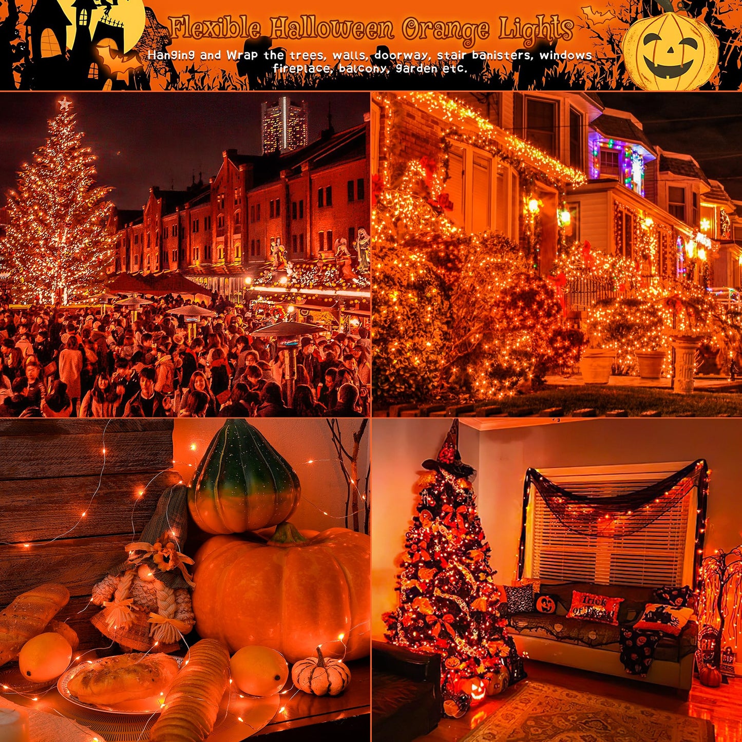 Ｗoohaha Solar Halloween Lights Outdoor,2 Pack Each 33Ft 100LED Orange Halloween Lights,Copper Wire Solar Powered Fairy String Lights 8 Modes for Garden,Tree,Thanksgiving,Christmas,Parties,Home Decor