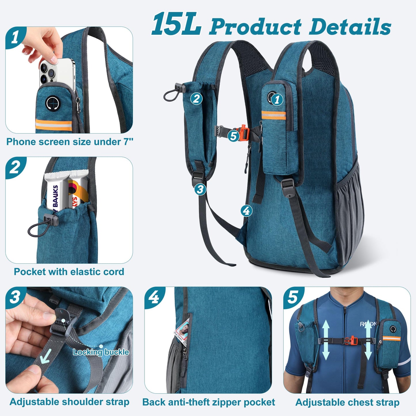 BECOJADDE 15L Small Hiking Backpack for Men Women Foldable Packable Back Pack Ultralight Hiking Daypack for Travel Camping Outdoor, Turquoise