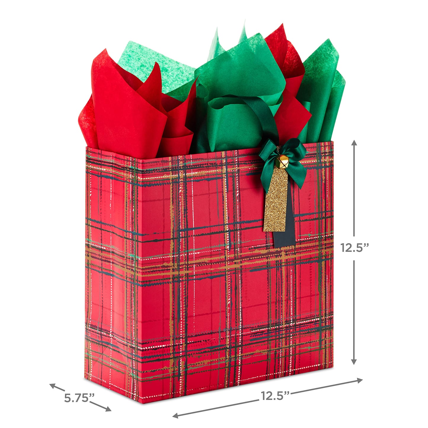 Hallmark Signature 12" Extra Large Square Christmas Gift Bag with Tissue Paper (Red Plaid with Bow and Jingle Bell)