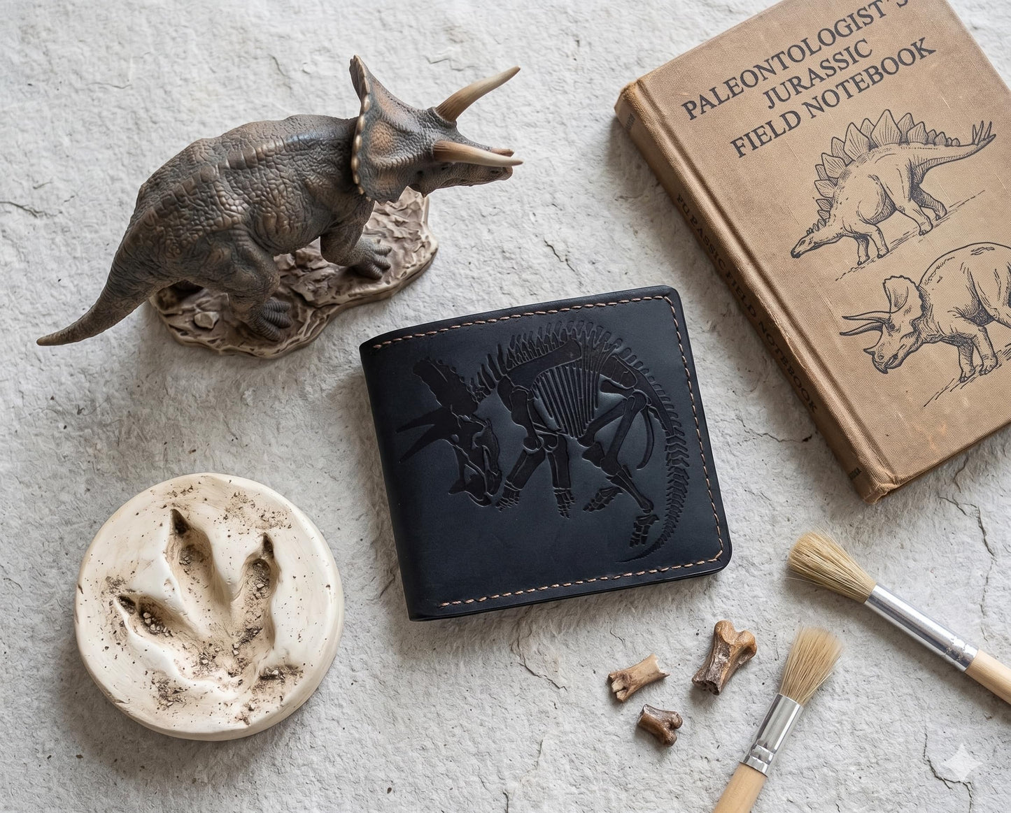Mayan Corner Handmade Genuine Leather Wallet for Men – Embossed Dinosaur Skeleton Design – Slim Bifold Wallet – Triceratops