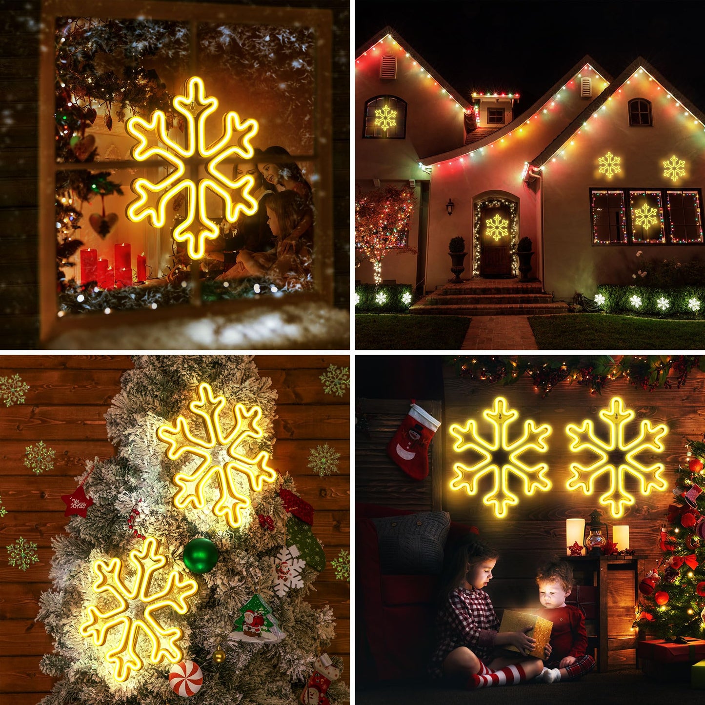 Enhon Christmas Neon Snowflake Light, 12 Inch Giant Snowflake Lights, Battery and USB Powered Christmas Curtain Neon Sign with Timer for Xmas Party Decoration(Warm White,2 Pack)