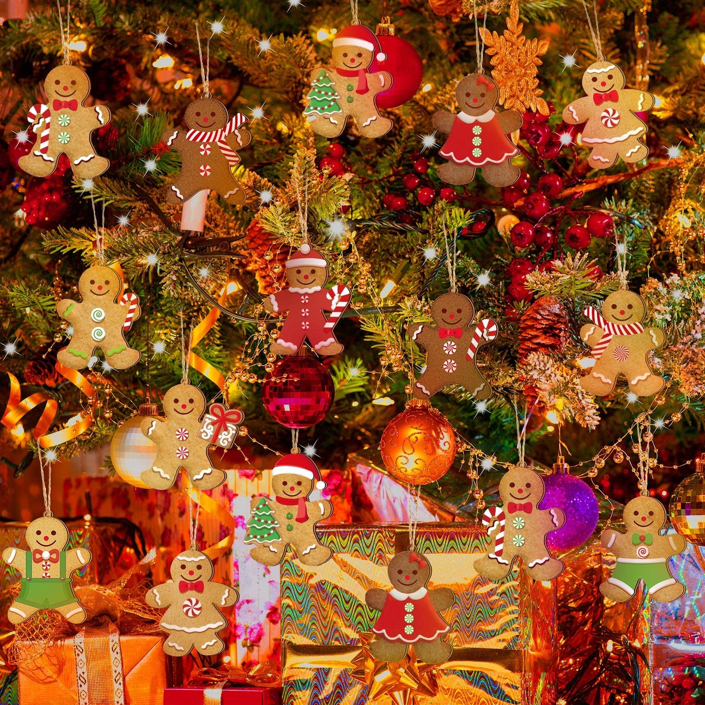Ferraycle 36 Pcs Gingerbread Christmas Ornaments Christmas Tree Decorations 3 Inch Decorations Wooden Hanging Ornaments for Xmas Tree Home Kitchen Holiday Party Decor(Classic Style,Red)