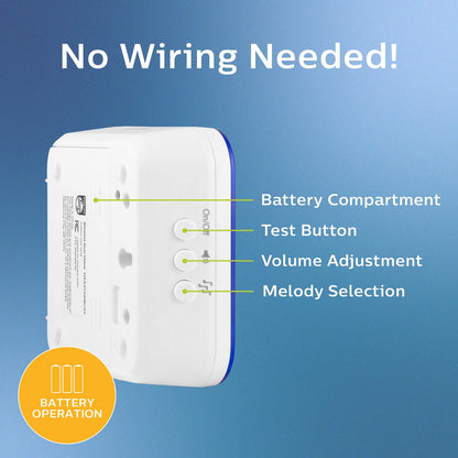 Philips Wireless Doorbell Kit, Plug-In Reciever, 2 Push Buttons, 8 Melodies, 4 Volume Levels, 150 Ft Range, White, DES2280W/27