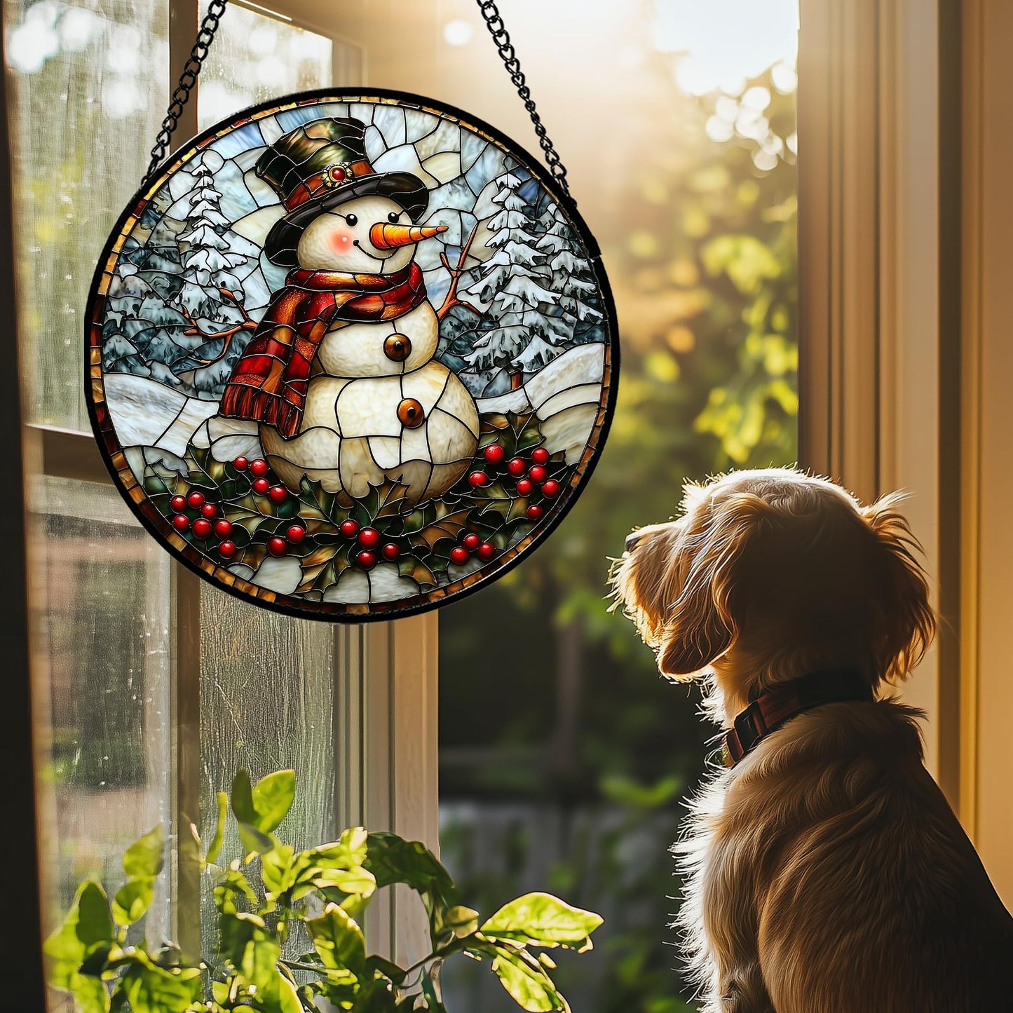 JOSUMALY Stained Glass Window Hanging - Christmas Snowman Suncatcher for Door Terrace Garden Home Decor Winter Forest Snow Sun Catcher Birthday Gifts for Lovers Women Men Dad Mom Nana 15 in