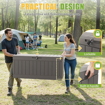 Greesum 82 Gallon Resin Deck Box Large Outdoor Storage for Patio Furniture, Garden Tools, Pool Supplies, Weatherproof and UV Resistant, Lockable, Coffee