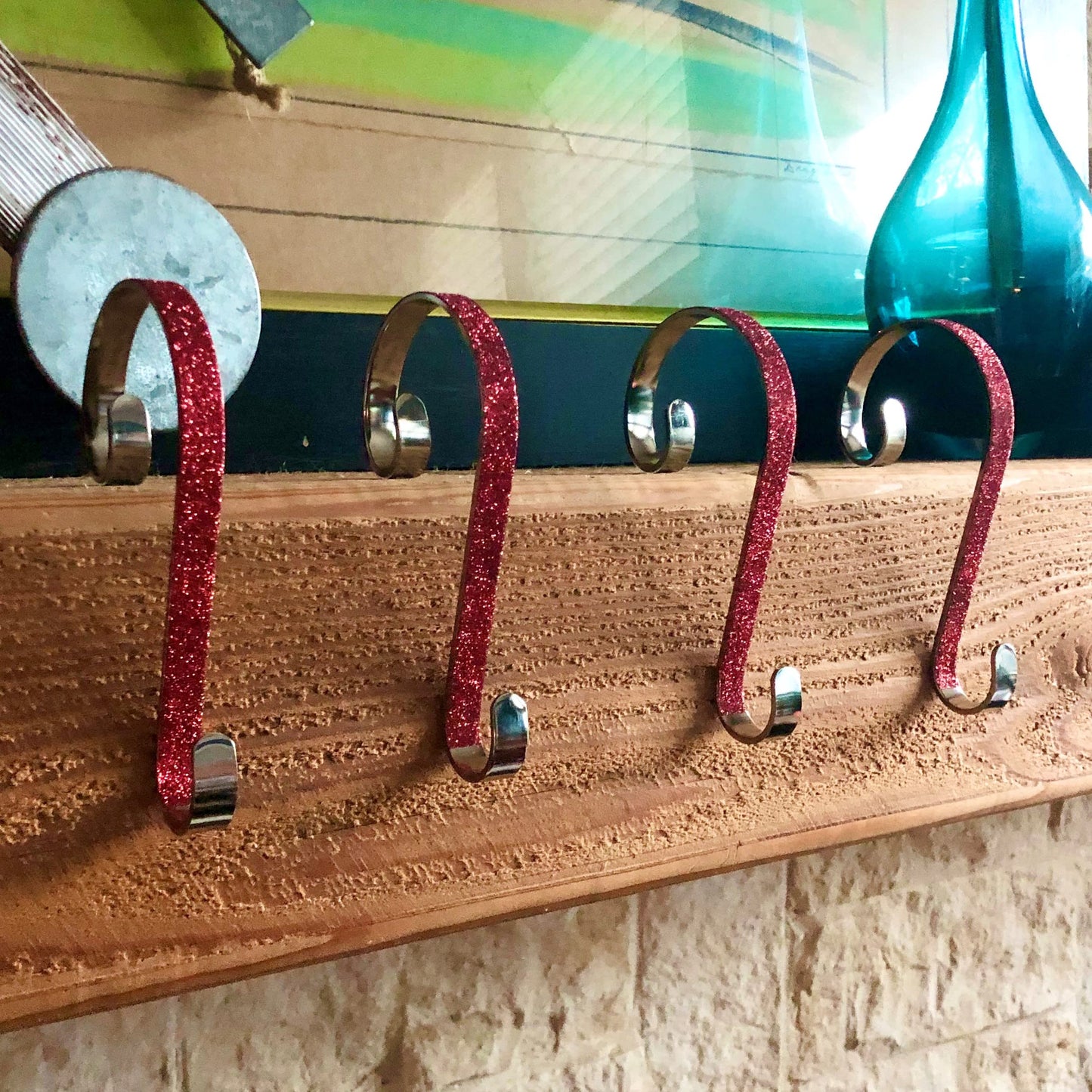 Haute Decor Stocking Scrolls Stocking Hanger - 4 Pack Glitter (Red) - Christmas Stocking Holder for Almost Any Mantel Size, Including Large