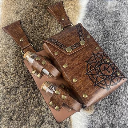 EpicCos 3 PCs Medieval Alchemy Belt Waist Pack Combo with Multiple Potion Bottles, Viking Rivet Belt Side Pouch for Cosplay (Brown D)