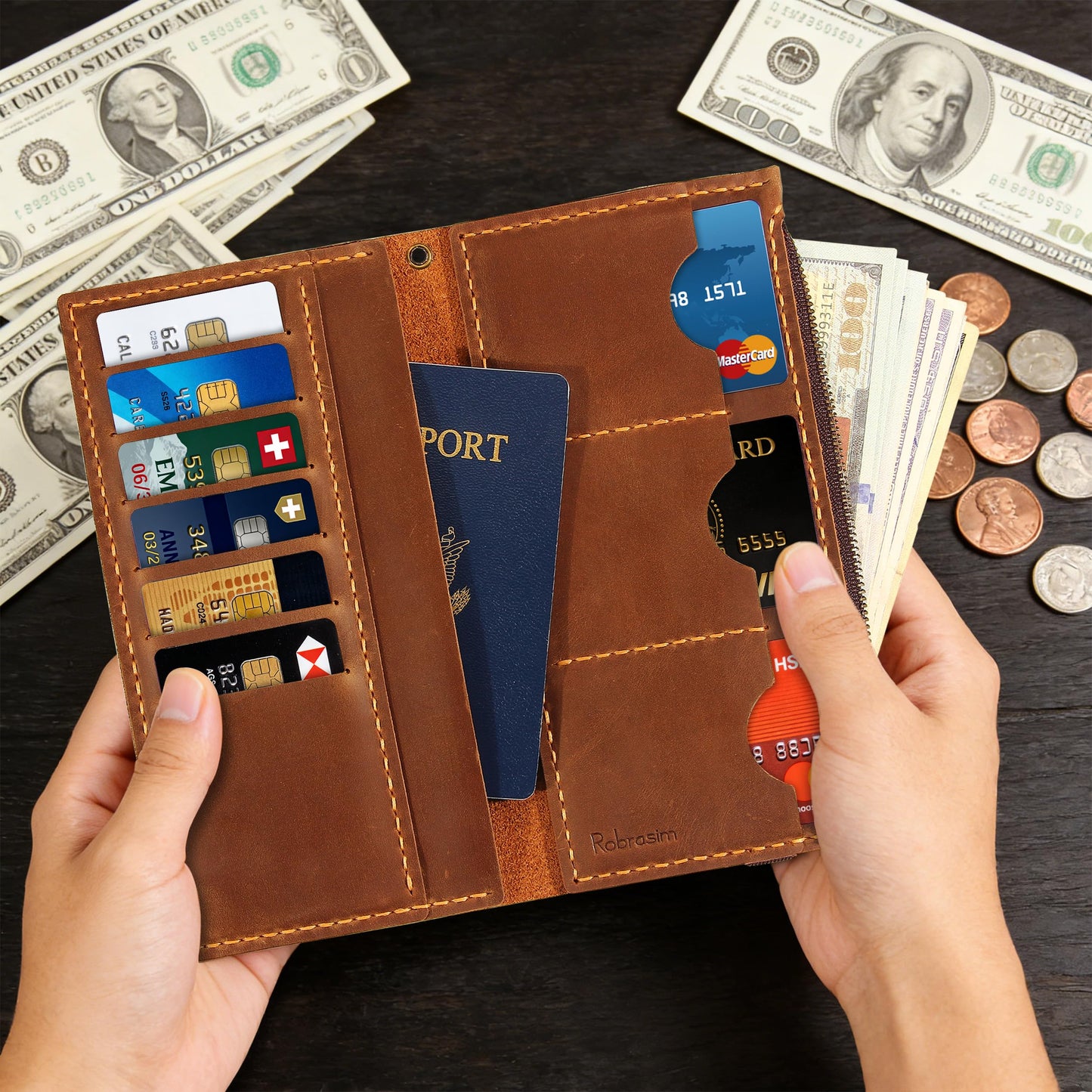 Robrasim Leather Wallet for Men and Women, Handmade Detachable Chain Wristlet Long Bifold Clutch with Large Capacity Zipper Coin Pocket (Brown, 7.87"x4.17")