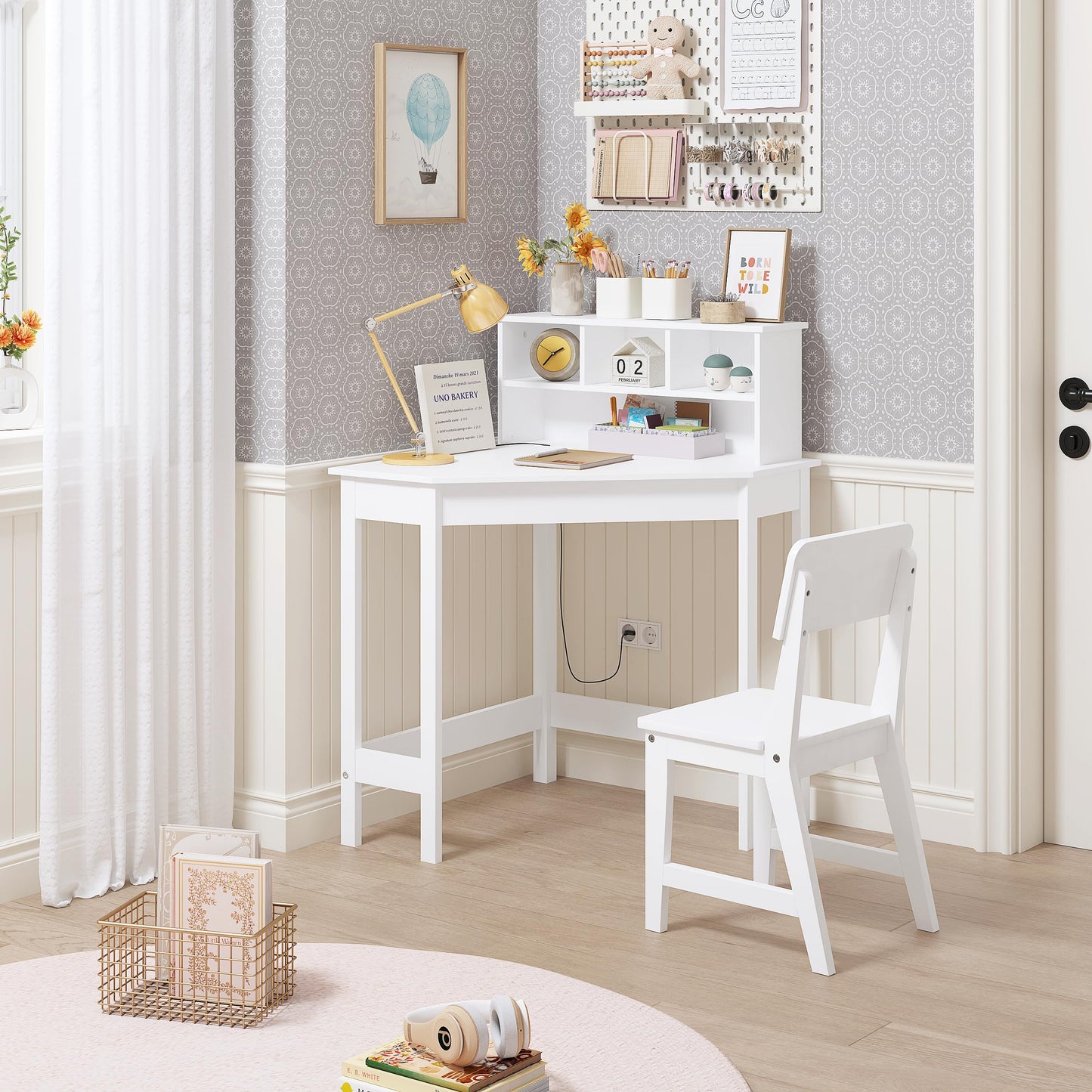 UTEX Kids Desk, Kids Corner Desk and Chair Set, Children Study Table with Storage and Hutch for Home School Use, White