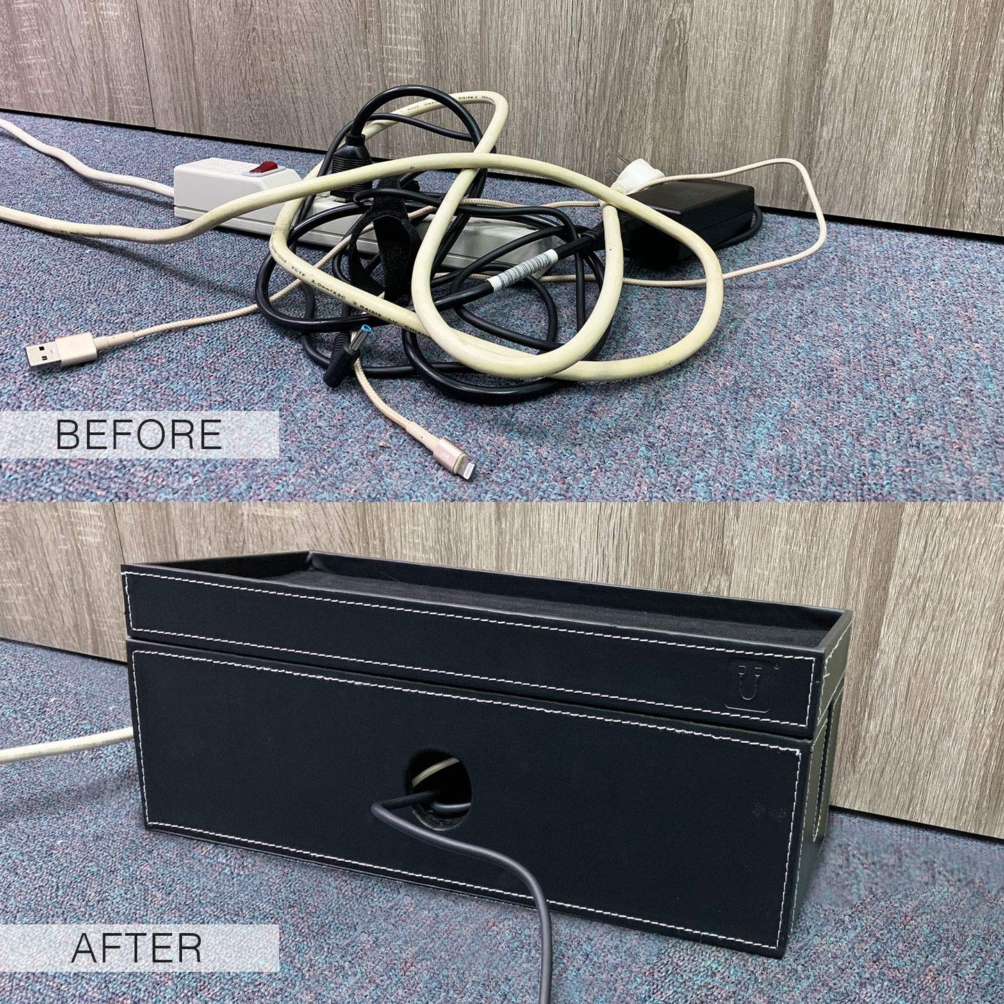NEET Cable Management Box Large, Computer Cord Organizer, Hide and Conceal, Power Cable Organizer, Computers and Desks, Black Stitched Leather