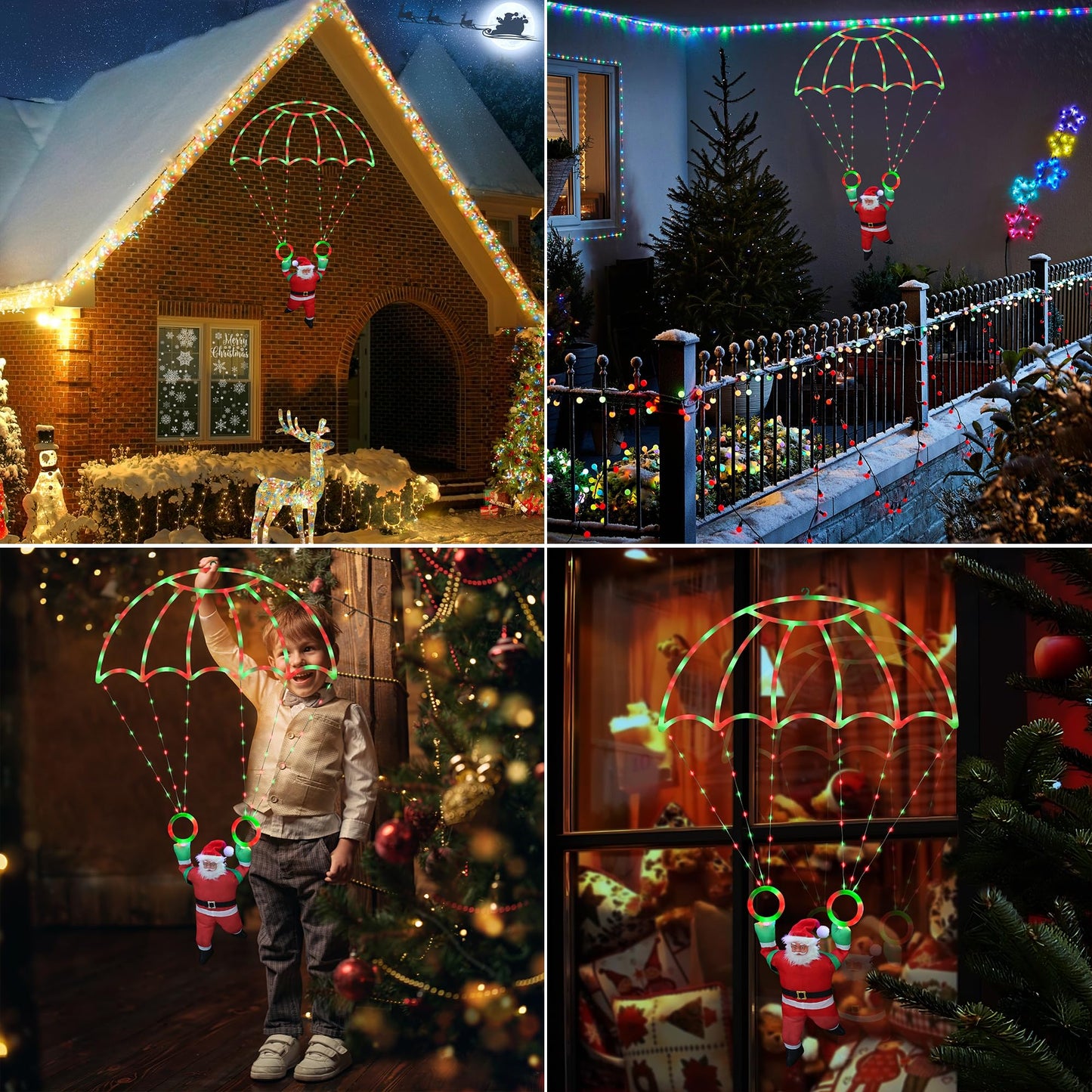 Toodour Christmas Decorations Lights Outdoor, 2.8FT Christmas Parachute Lights with Santa Claus, Waterproof 8 Modes Hanging Red & Green Xmas Light - Holiday Decorative Light for Indoor Eave Roof