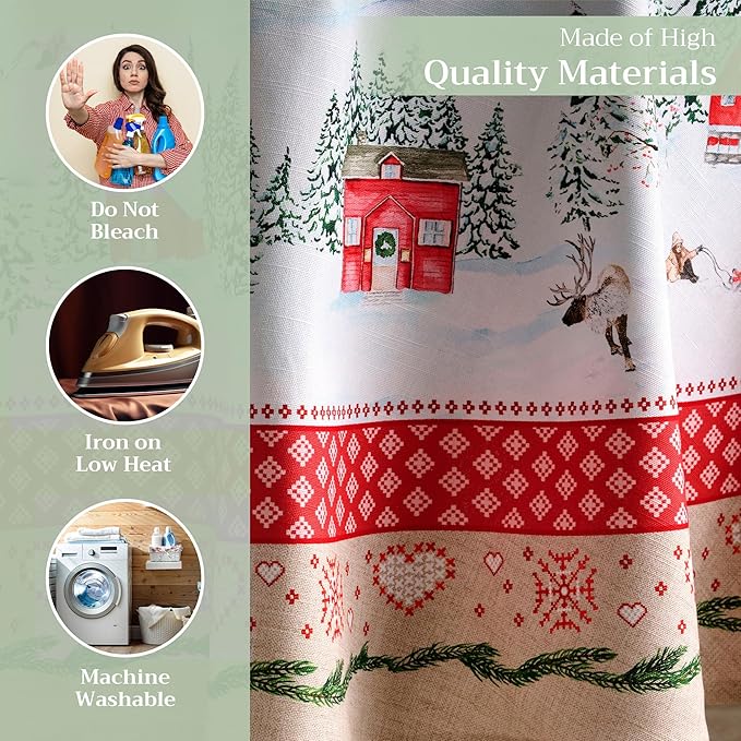 Maison d' Hermine Table Cloth Round Table 100% Cotton 63 Inches Fall Tablecloth Reusable Everyday Use for Thanksgiving Christmas Decorations Dining Farmhouse Party (Rural Christmas)