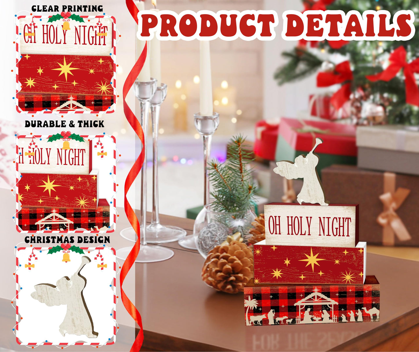 4 Pcs Angel Christmas Decor, Holy Night Table Decorations, Nativity Scene Christmas Tiered Tray Desk Decor Gifts, Wooden Christian Stack Block Signs Table Centerpiece For Farmhouse Office -A02