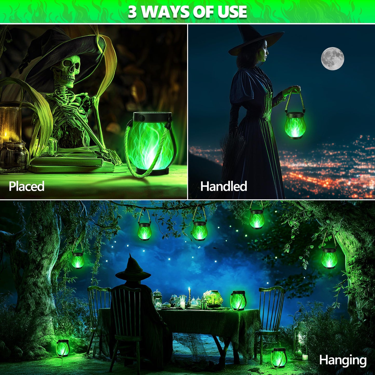 Jyoiat Solar Flame Lantern Hanging Outdoor Waterproof - 2 Pack Flame Lanterns with Dual Charging Modes of Solar & USB for Garden or Yard Decorations (Green - 2 Pack)