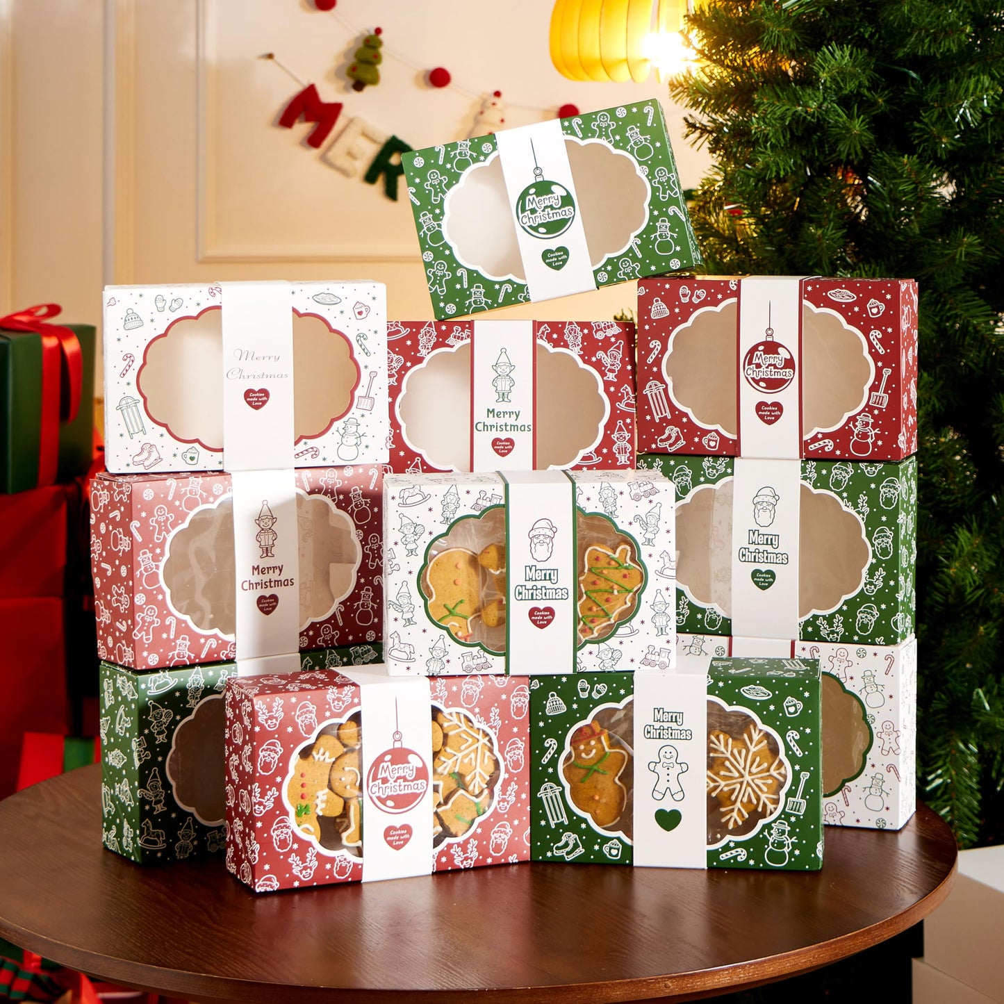 JOYIN 12PCS Christmas Cookie Boxes for Gift Giving, 8.5" x 5.75" x 2.75" Xmas Holiday Bakery Treat Boxes with Window, 4 Design Cookie Containers Box for Baked Goods, Cupcake, Pastry, Candy