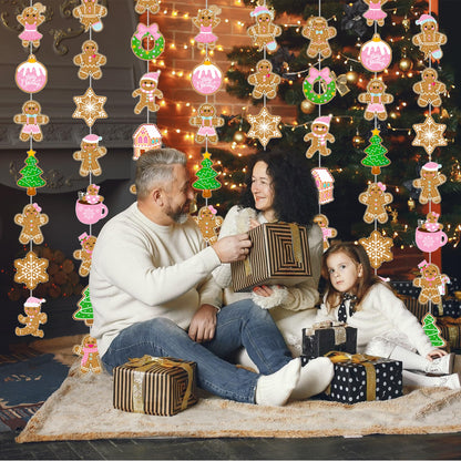 Gingerbread Theme Garlands Pink Christmas Decorations Girls 8Pcs Gingerbread House Xmas Tree Paper Garland Banners Christmas Party Supplies for Winter Holiday Birthday Wall Door Ceiling Decor