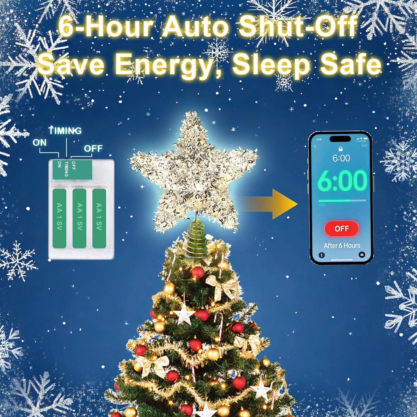 LAWOHO Christmas Tree Topper Star, Exquisite Christmas Decor, 10 Inch Shiny Silver Christmas Tree Decoration with 6H Timer, 20 Warm LED Lights for Xmas Tree, Holiday & Party, Indoor Decor