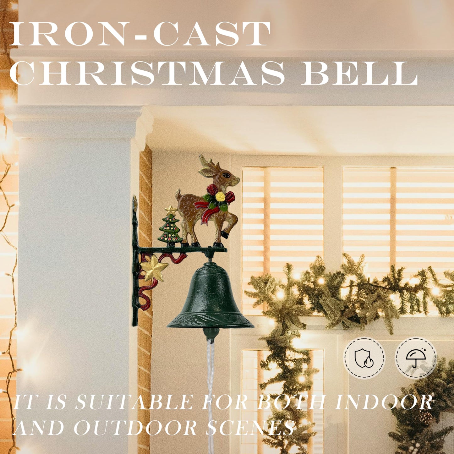Christmas Bells for Decoration, Linton Arts Cast Iron Dinner Bell Outdoor – Hand-Painted Reindeer Antique Bells, Rustic Christmas Decorations Dinner Bell with Bracket for Porch, Garden, Patio