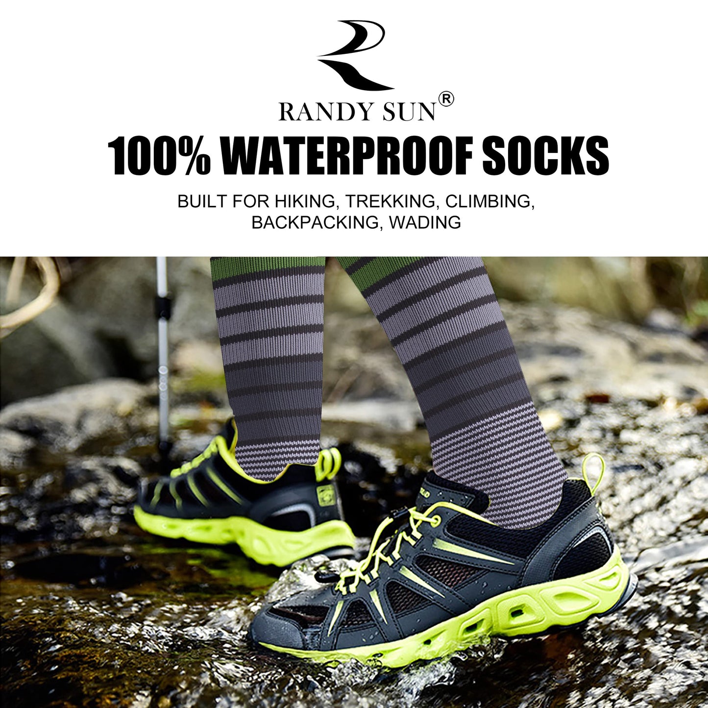 RANDY SUN Waterproof Fishing Socks, Women Youth Novelty Fishing Gear and Equipment Knee Length Hiking Kayaking Warm Socks Gray&Green