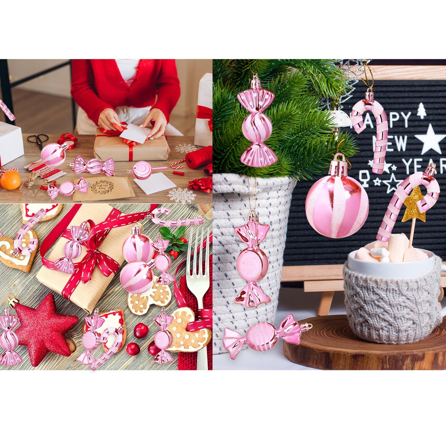 Christmas Candy Cane Lollipop Ornaments for Christmas Tree 30Pcs Xmas Plastic Peppermint Christmas Tree Hanging Ball Pendants for Xmas Party Indoor New Year Holiday Home Decorations (Pink)