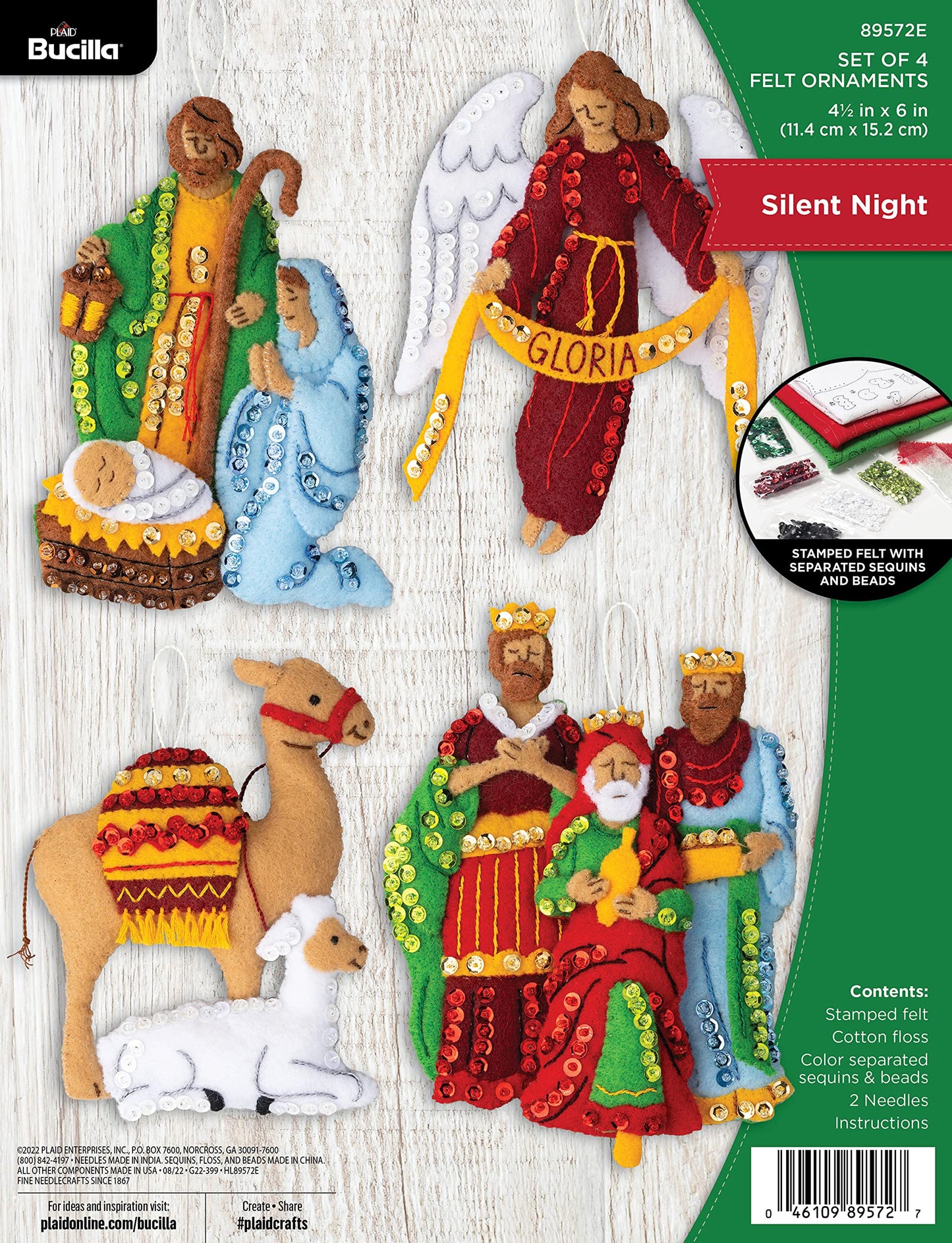 Bucilla Felt Applique 4 Piece Ornament Making Kit, Silent Night, Perfect for DIY Arts and Crafts, 89572E