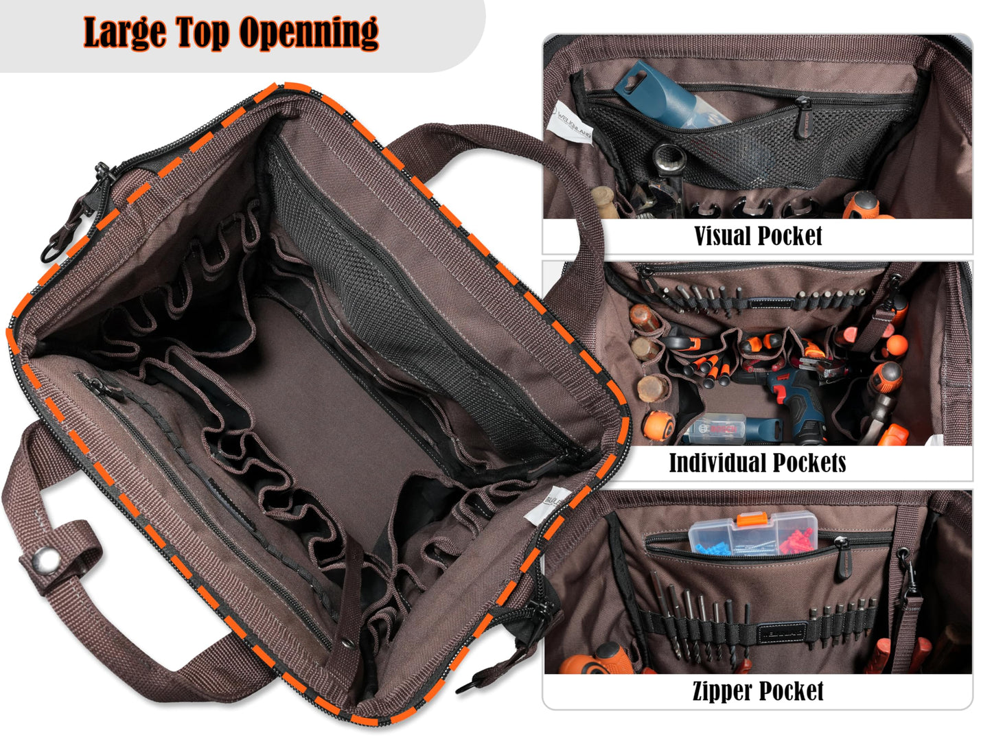 WELKINLAND 88-Pockets Waxed- Canvas HAVC Tool Backpack,Heavy-Duty electrician tools backpack,Open-Top technician tool bag backpackTool back pack for construction