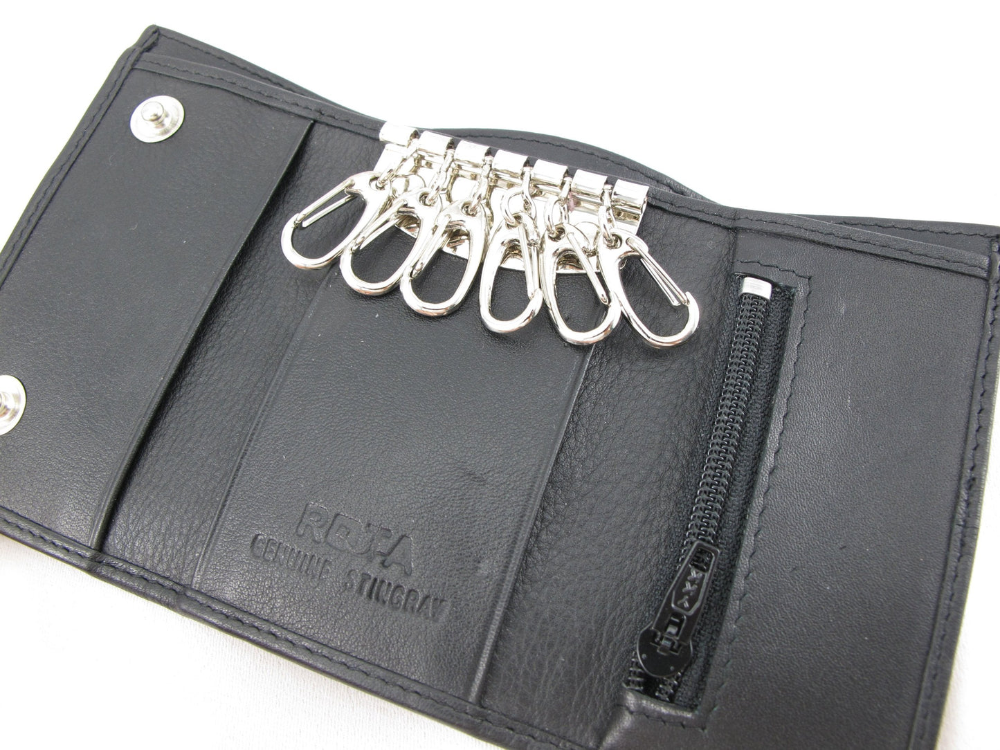 Pelgio Genuine Stingray Skin LeatherKeychain Key Holder Trifold Wallet Black (All Black)