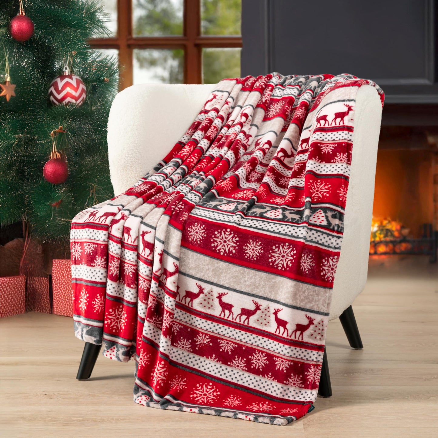 Pavilia Holiday Reindeer Snowflakes Fleece Throw Blanket | Soft, Plush, Warm Winter Cabin Throw, 50x60, Red