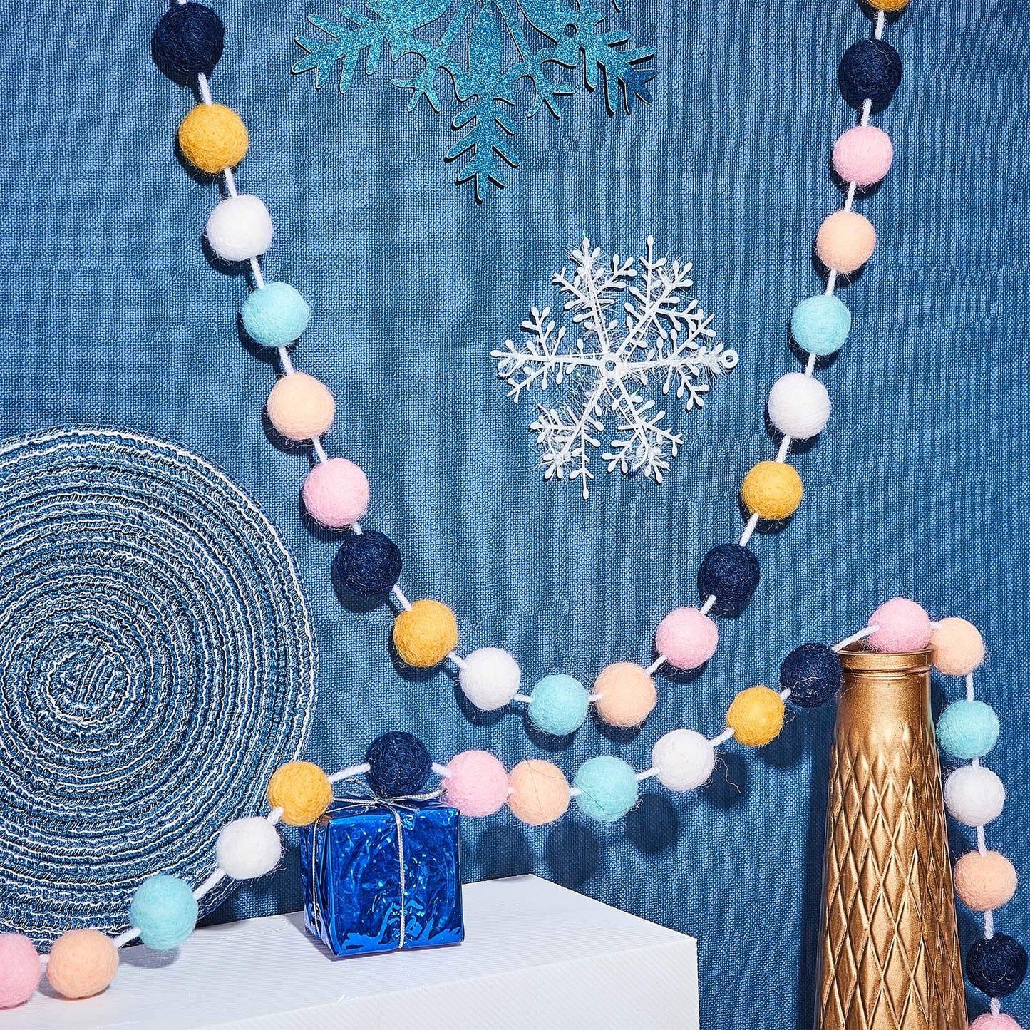 WILLBOND 2 Pieces Wool Felt Rainbow Ball Garland Colorful Pom Pom 6.5 ft Long 24 Ball Garland for Easter Mardi Gras Classroom Halloween Thanksgiving Xmas (Classic Colors)