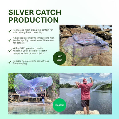Silver Catch Cast Nets 5ft Radius|1/2 Inch Mesh for Fishing with Chain Bottom, Salt Water Casting Fishing Net Gear, Easy Throw Nets Fishing Bait in 4.5ft-10ft Radius|3/8",1/2",1" Mesh - Elite Series