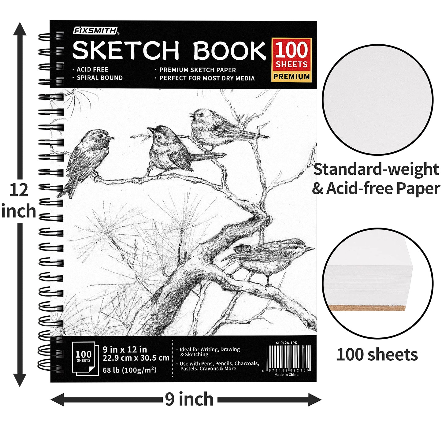 FIXSMITH 9"X12" Sketch Book | 200 Sheets (68 lb/100gsm) Sketchbook| 2 Pack (100 Sheets Each) |Acid Free Drawing Paper | Spiral Bound Sketchpad for Beginners,Artists & Professionals | Bright White