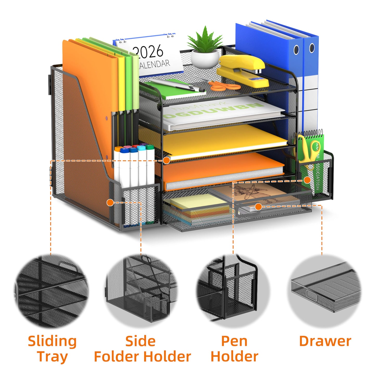 SUPEASY Mesh Desk Organizer with File Holder, 5-Tier Paper Letter Tray Organizer with Magazine Holder, Desktop Organizer and Storage with Drawer for Office Supplies Home or School (Black)