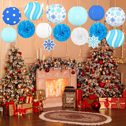 Renbuzhu 15PCS Winter Wonderland Decorations Paper Lanterns Pom Poms Hanging Swirls Christmas Holiday Hanging Decor for Home Birthday Outdoor Indoor