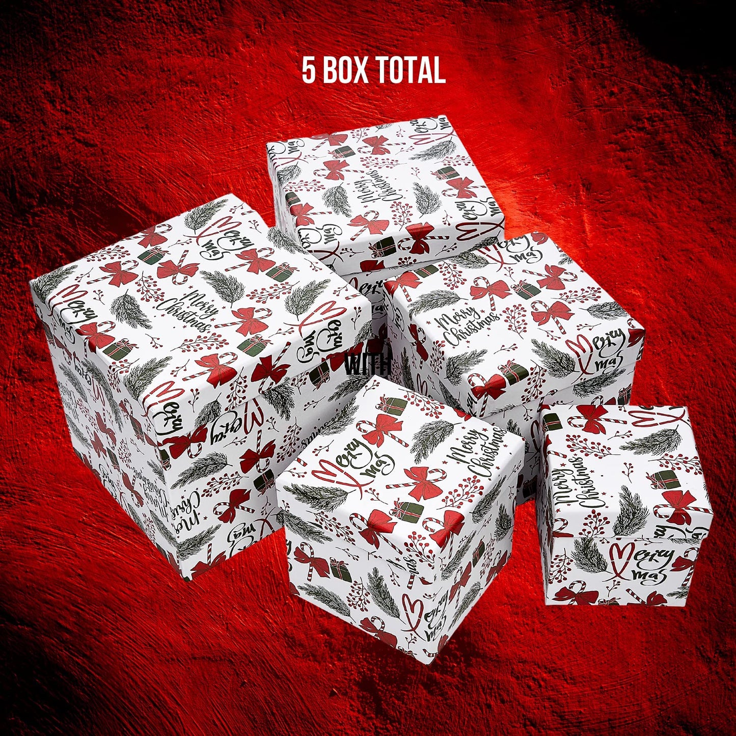 UNIQOOO 5PCS Christmas Nesting Gift Boxes with Lid, Nested Box Set, 5 Sizes, Square Stackable, Red White Green, Xmas Berry Candy Cane Paper Box Tower Décor, Holiday Thanksgiving New Year Packaging