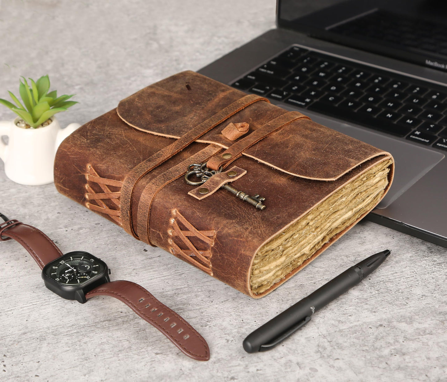 Leather Journal with Deckle Edge Paper 8x6 inch and Vintage Key | Handmade Writing Notebook Diary | Bound Daily Notepad for Men & Women Medium, Sketch/Writing pad for Artists