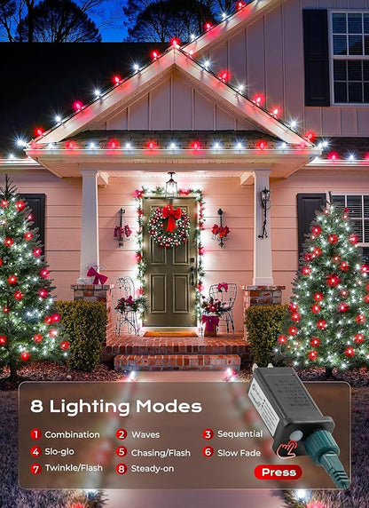 C9 Outdoor Christmas Lights, 72 FT 110 LED C9 String Lights, 8 Modes & Timer Extendable Waterproof for Christmas Tree Indoor Outdoor Roofline Patio Outside Garden Yard Holiday Xmas Decor, Red White