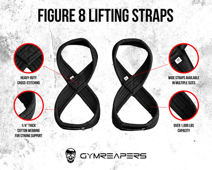 Gymreapers Figure 8 Lifting Straps For Deadlift, Powerlifting, Strongman, & Cross Training (Black, Medium)