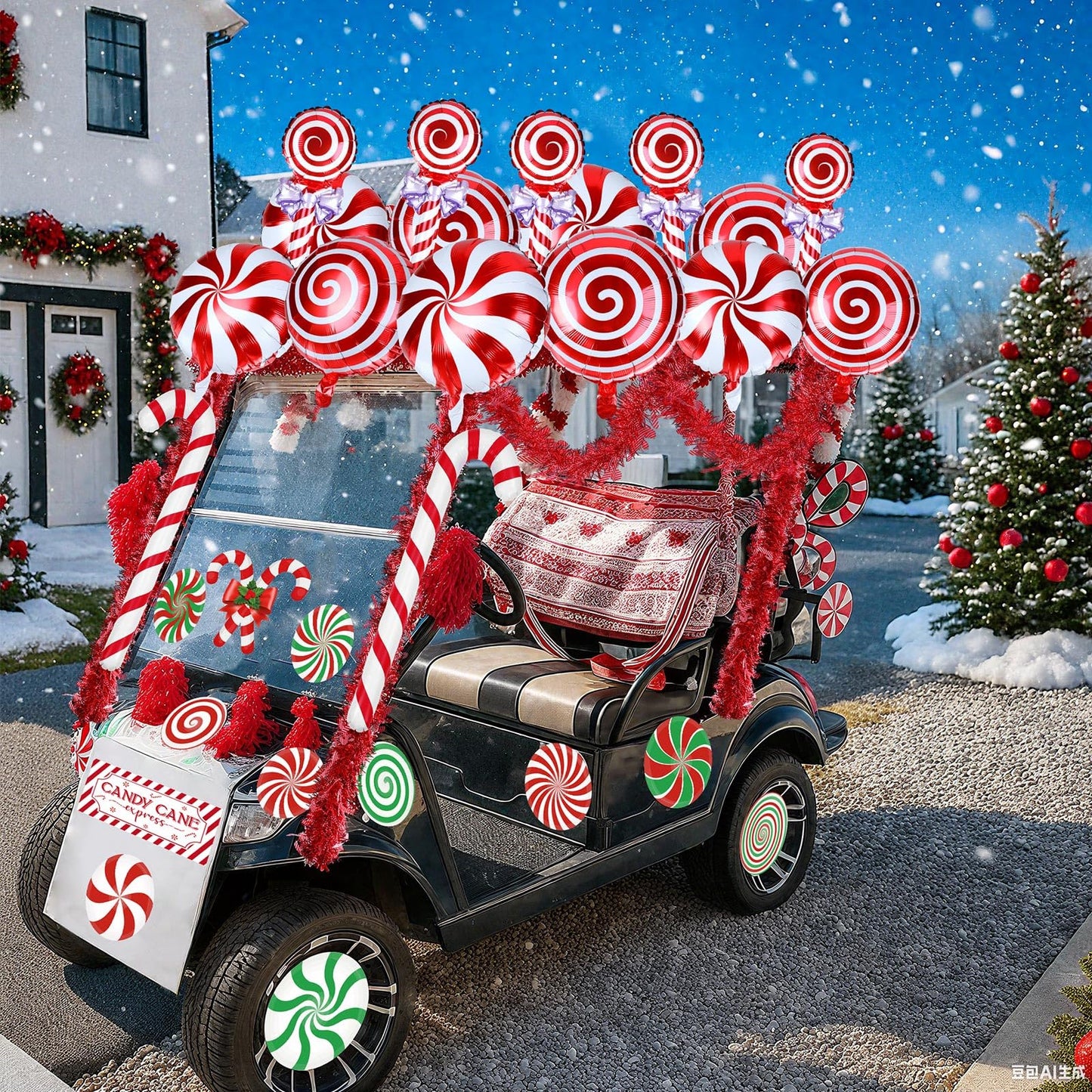 Leyndo 46 Pcs Christmas Golf Cart Decorations Kit Christmas Candy Cane Parade Decor Red Green and White Car Decoration with Banner Candy Cane Hanging Garland Stickers Balloon for Xmas Party