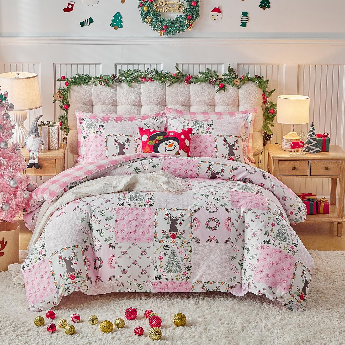 Joyreap 3pcs Christmas Duvet Cover Set King, Pink n White Xmas Patchwork Design Comforter Cover Set, Includes 1 Duvet Cover and 2 Pillow Shams