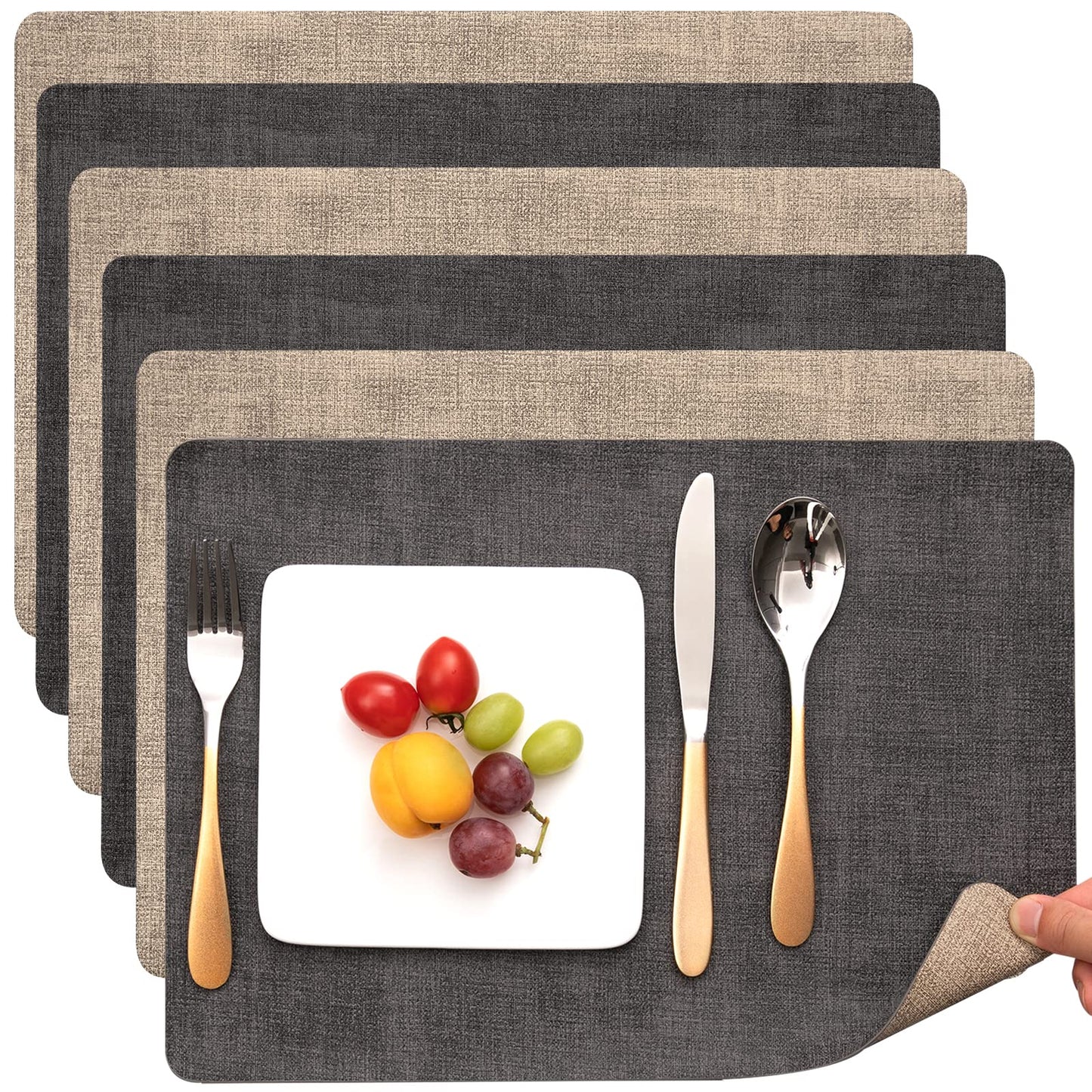 Myir JUN Placemats Dual Sided, Faux Leather Place Mats Set of 6 Indoor Placemat for Dining Table Outdoor Place Mat Manteles Individuales Square Non-Slip Washable Table Mats (Gray Beige, Set of 6)