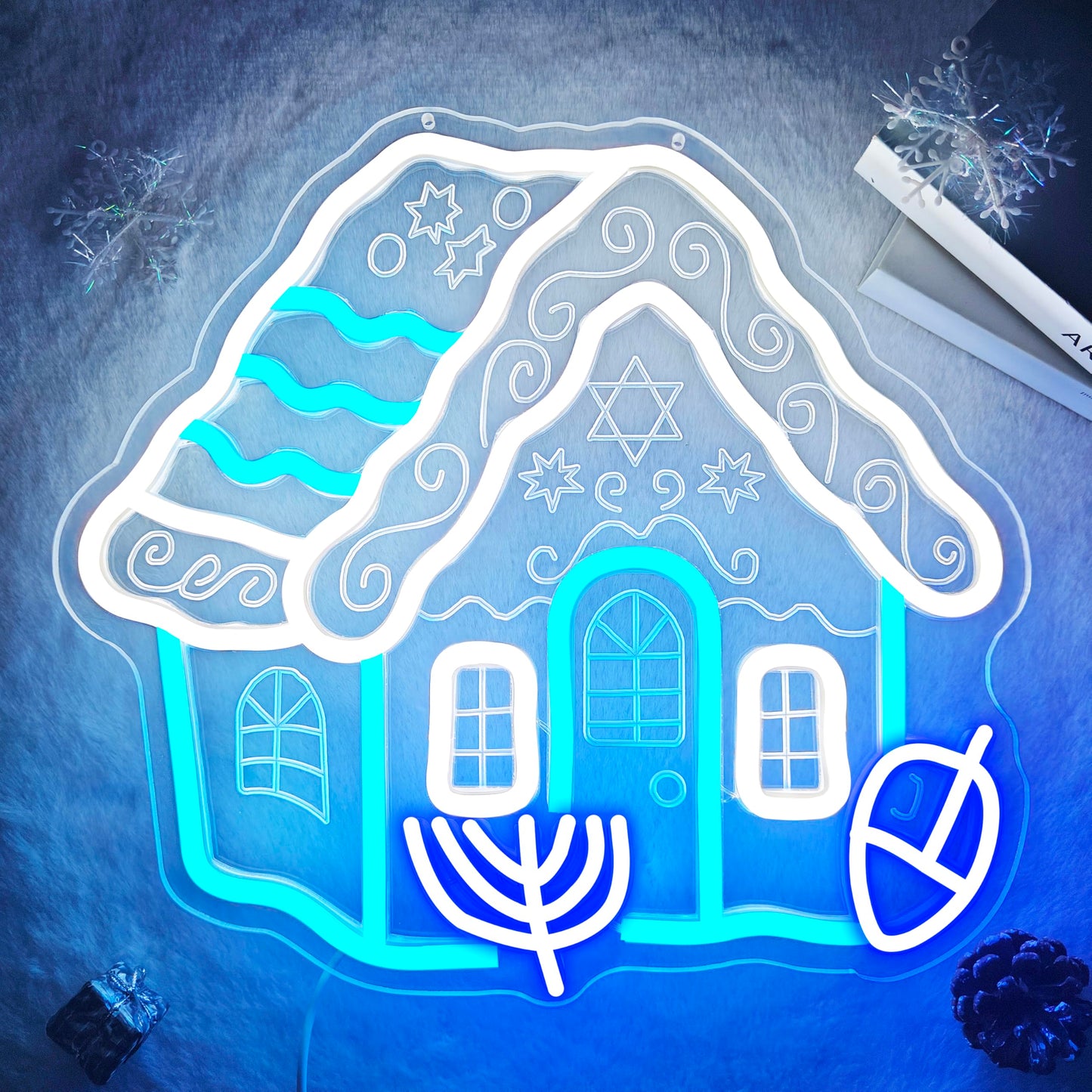 hhuohuona Hanukkah Neon Sign Hanukkah Gingerbread House Light Up Sign Dimmable Chanukah Decorations Jewish Gifts Star of David & Dreidel & Menorah Led Signs for Wall