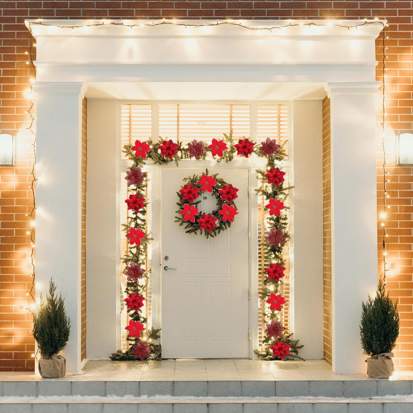 Asano Season 48 Pcs Fake Poinsettia Glitter Flowers and Berry Stems Artificial Red Christmas Flower with Clips Decoration for Xmas Tree Ornaments Party Wreath Decor (Red)