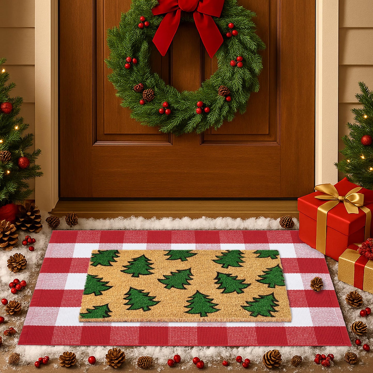 Christmas Door Mat Set 2-Piece, 17"x30" Coir Welcome Mat with Green Tree Pattern and 28"x43" Red White Plaid Rug, Layered Front Porch Combo for Holiday Entryway Outdoor Decor