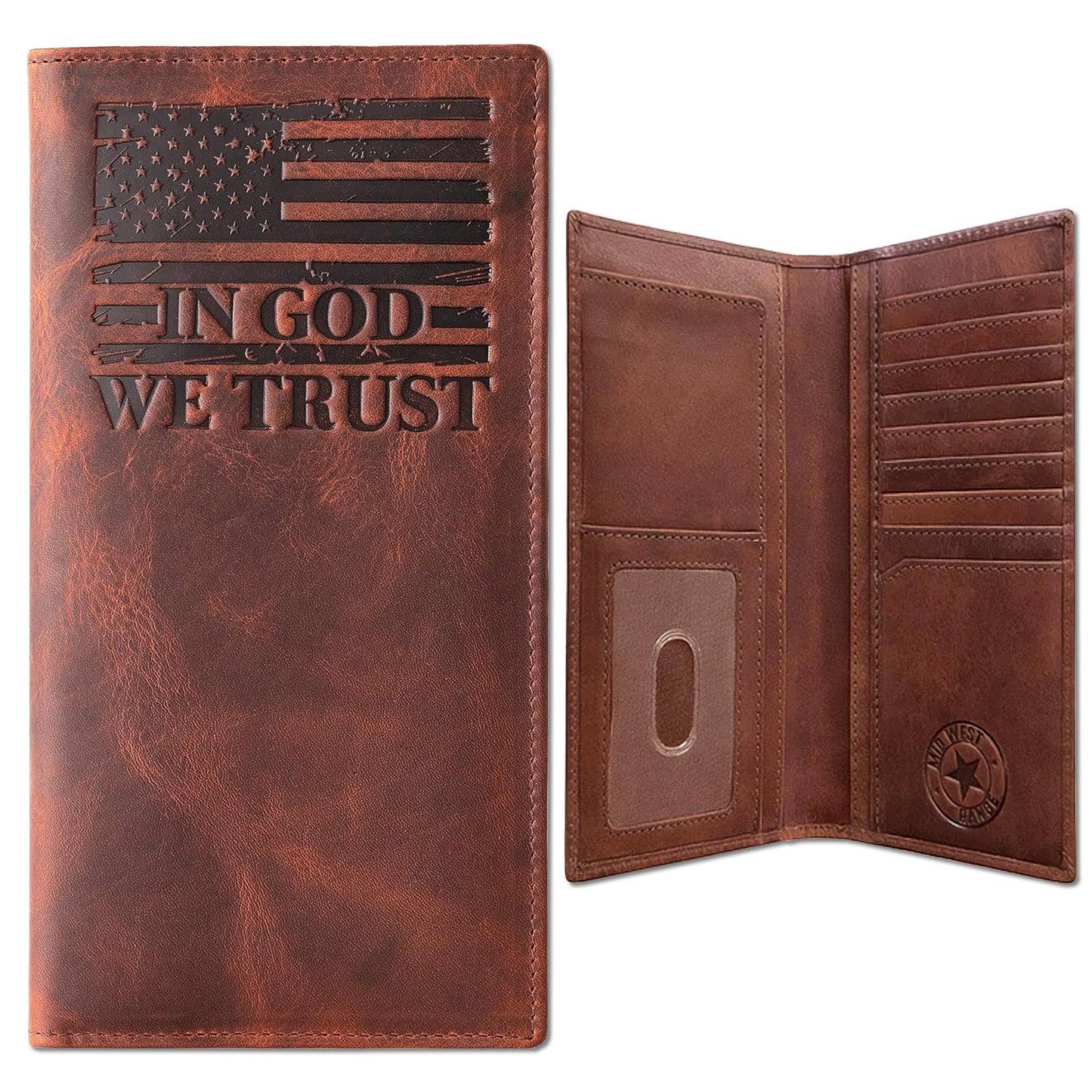 American Flag Long Wallet for Men - Western Wallets for Men with ‘IN GOD WE TRUST’ – Distressed Full Grain Leather – RFID Blocking Long Bifold Cowboy Wallet – Patriotic Father's Day (7 Inches)